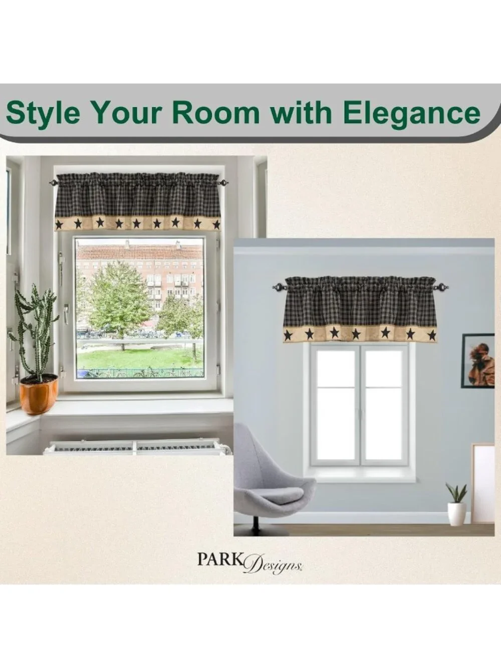 Farmhouse Plaid Window Valance Curtain - Star Patch Fall Decor 60